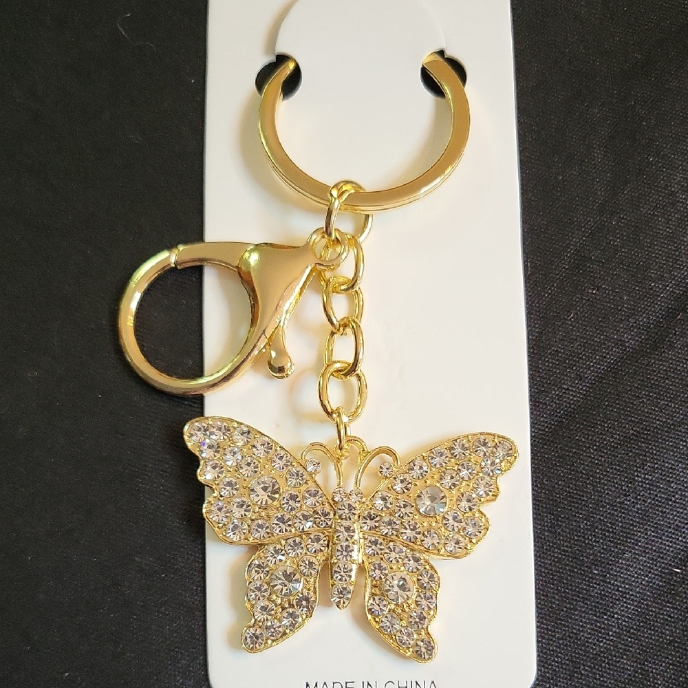 Gold Butterfly W/ Clear Rhinestone Bag Charm/ Keychain NWT